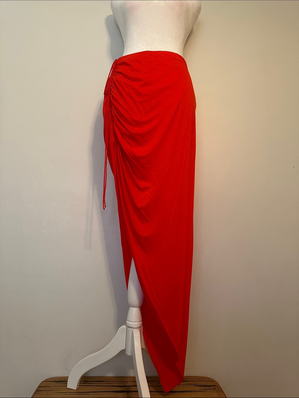 Helmut Lang Red Asymmetrical Side-Ruched Midi Skirt Size M